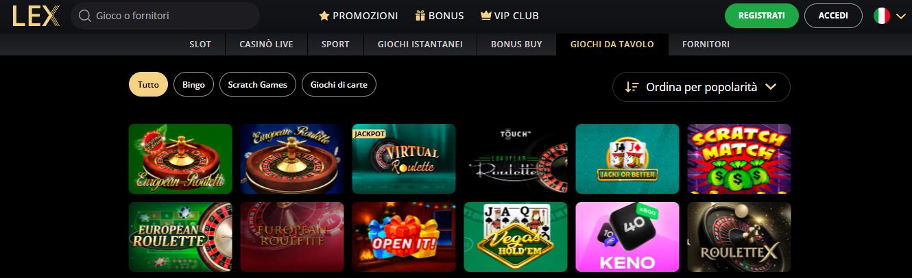Scegli roulette, poker, keno